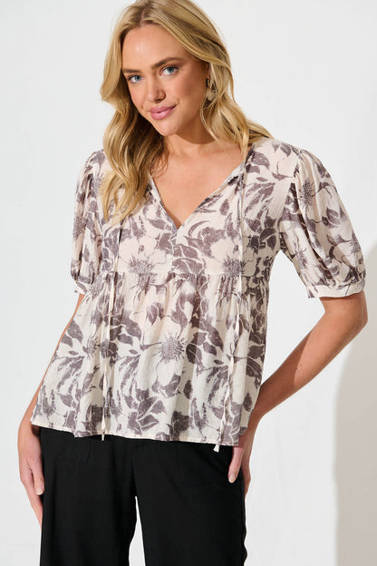 Nalini Top in White with Black Flower