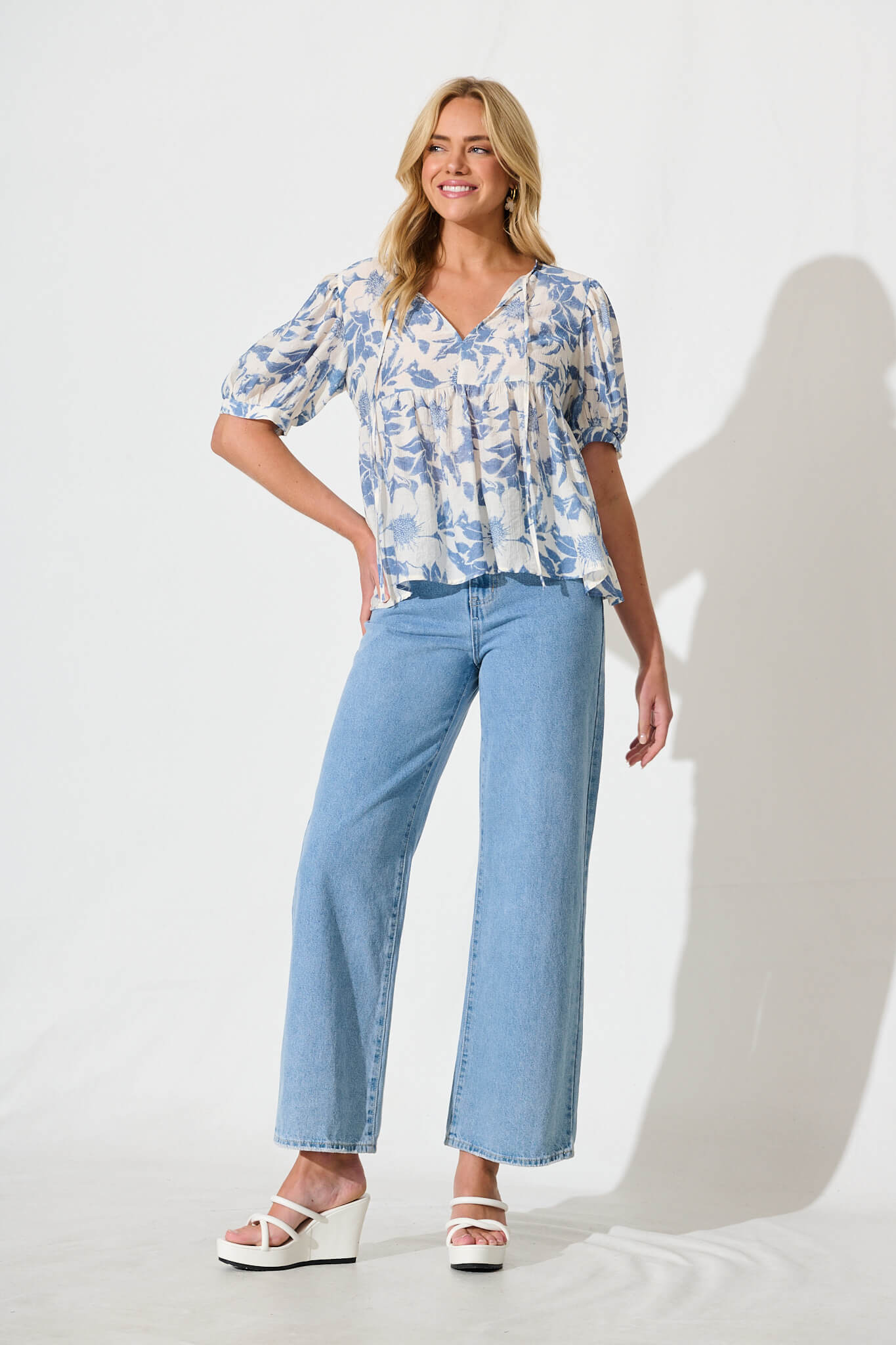 Nalini Top in White with Blue Flower