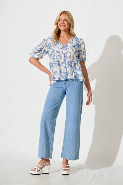 Nalini Top in White with Blue Flower