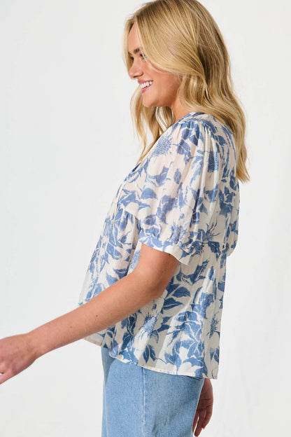 Nalini Top in White with Blue Flower