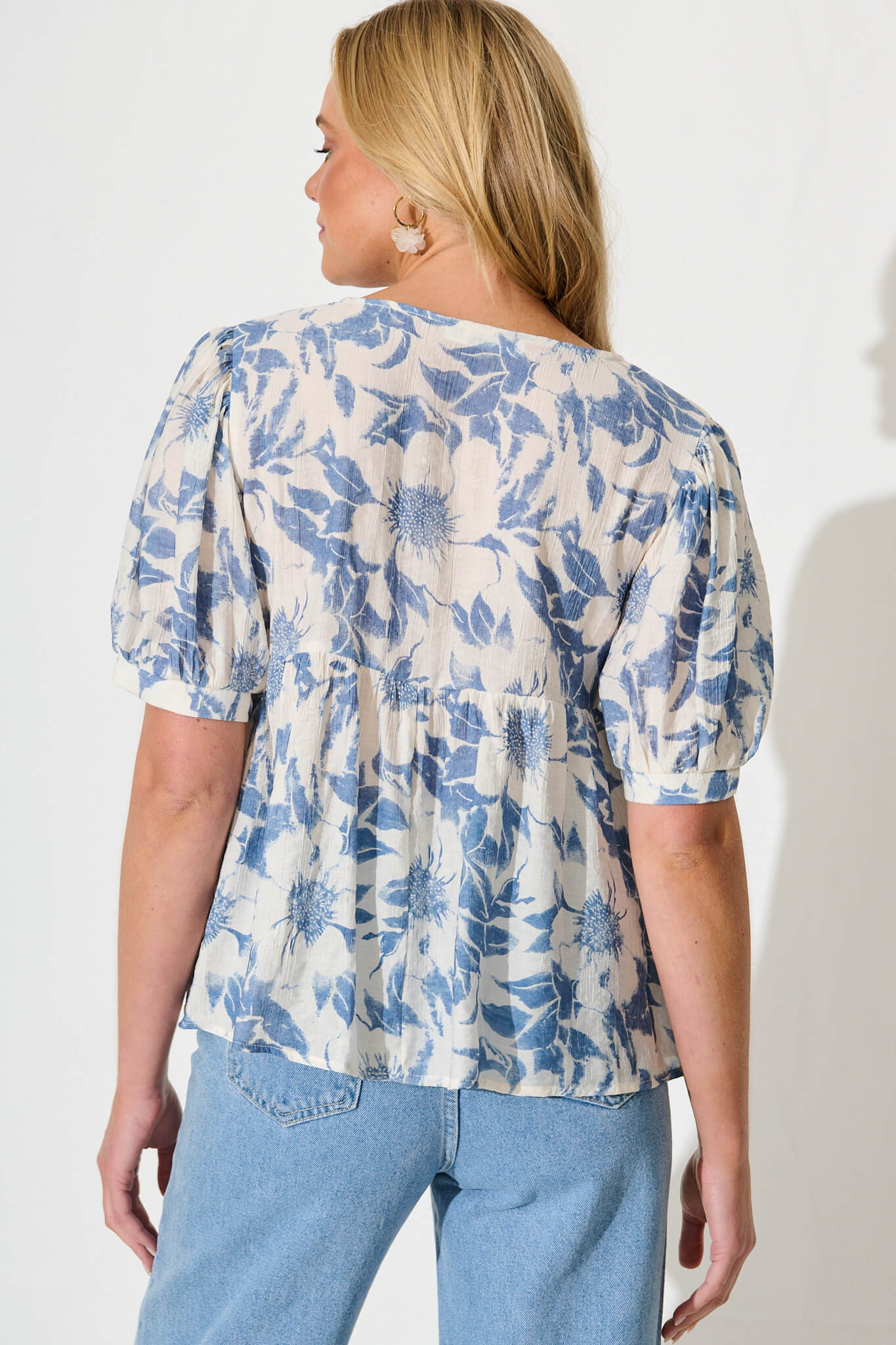 Nalini Top in White with Blue Flower