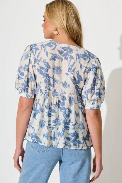 Nalini Top in White with Blue Flower