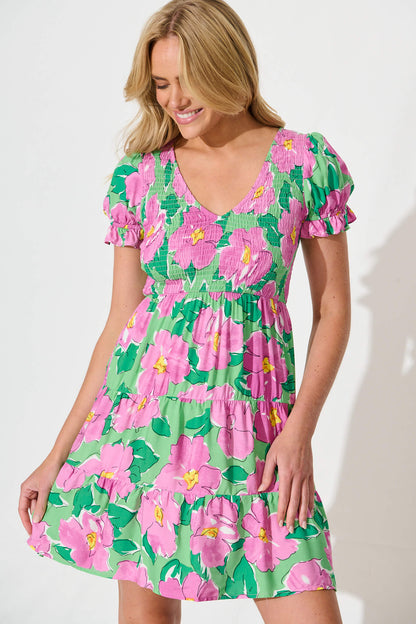 Clemente Dress in Green and Purple Floral