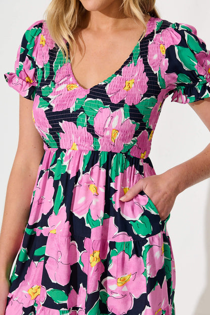 Clemente Dress in Black and Purple Floral