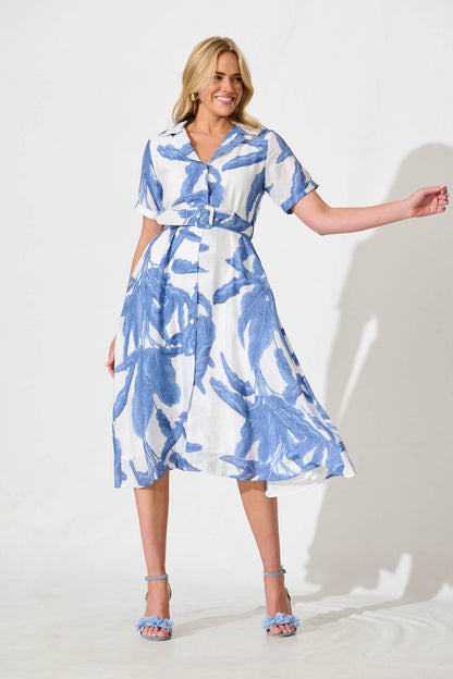 My Sweet Midi Shirt Dress In White With Blue Leaf Print