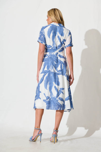 My Sweet Midi Shirt Dress In White With Blue Leaf Print