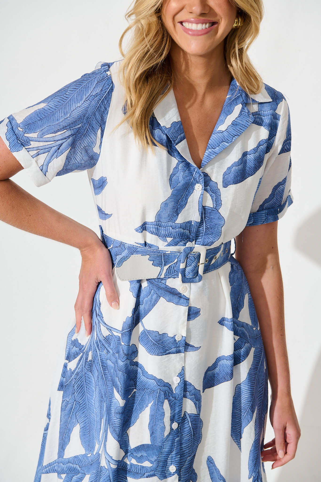 My Sweet Midi Shirt Dress In White With Blue Leaf Print