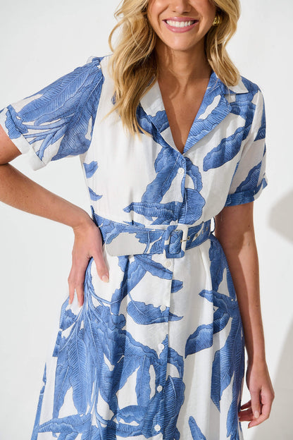 My Sweet Midi Shirt Dress In White With Blue Leaf Print
