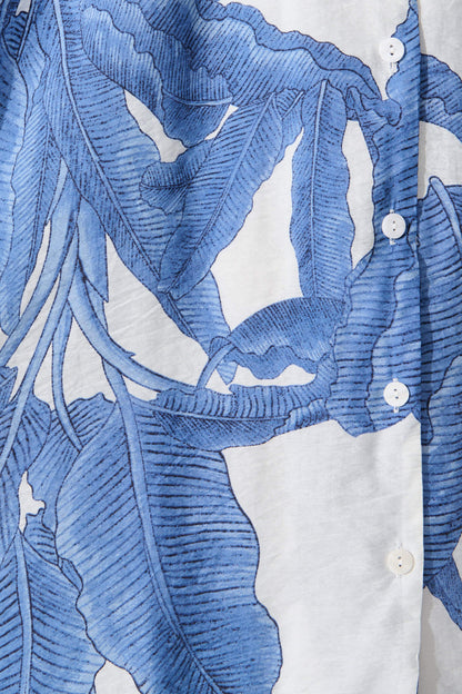 My Sweet Midi Shirt Dress In White With Blue Leaf Print