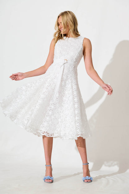 Osment Midi Dress In White Floral Embroidered Tulle