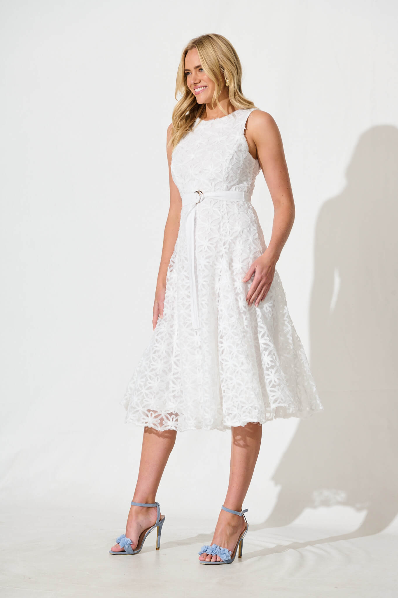 Osment Midi Dress In White Floral Embroidered Tulle