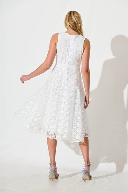Osment Midi Dress In White Floral Embroidered Tulle