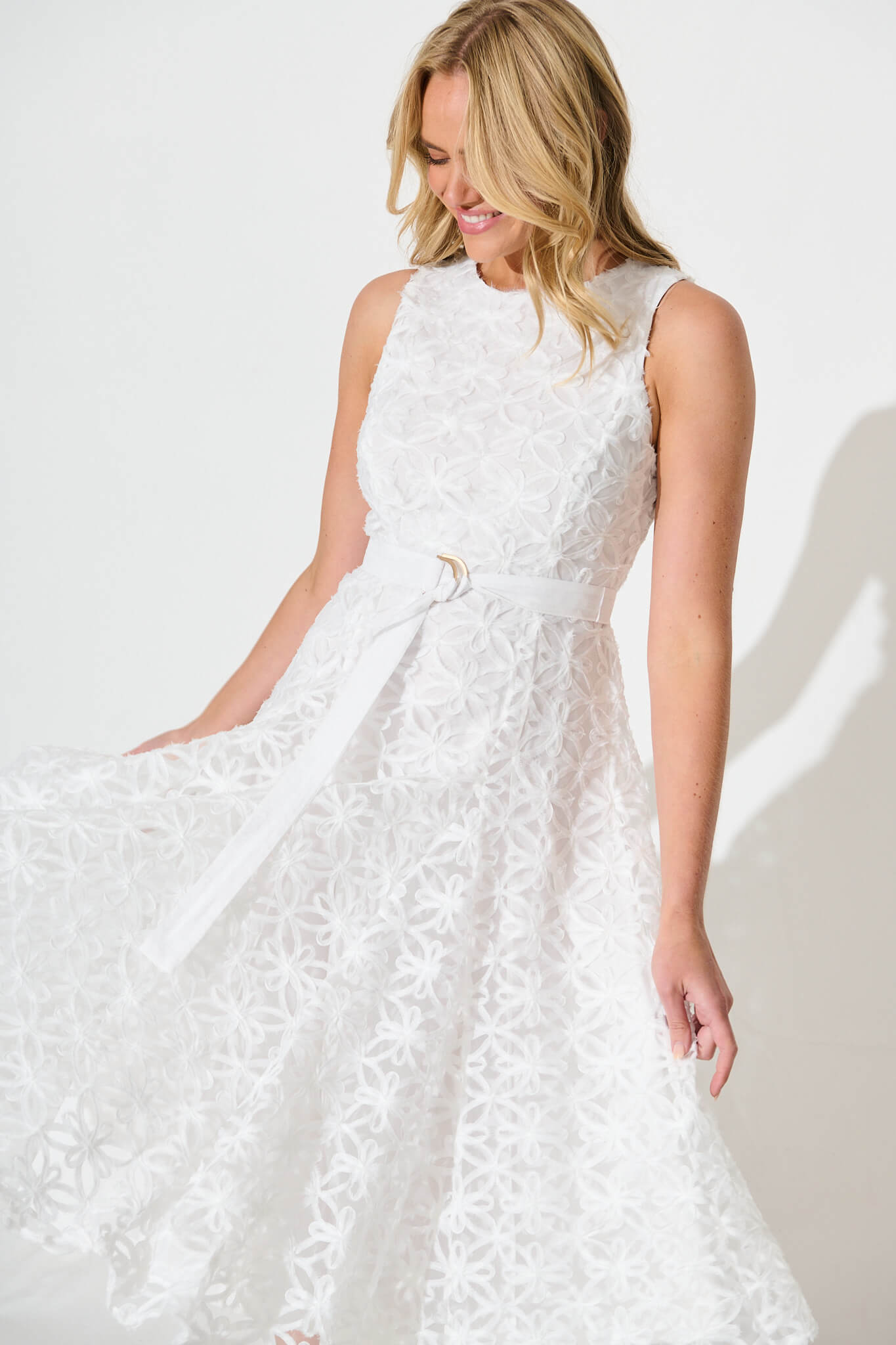 Osment Midi Dress In White Floral Embroidered Tulle
