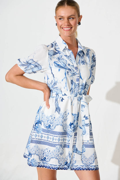 Cameilla Shirt Dress in White with Blue Floral Border