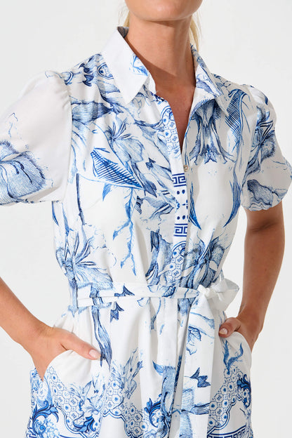 Cameilla Shirt Dress in White with Blue Floral Border