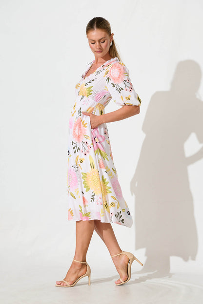 Zoisa Midi Dress in Cream Multi Floral