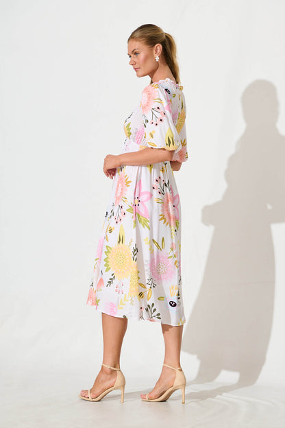 Zoisa Midi Dress in Cream Multi Floral