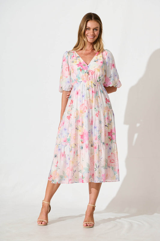 Baltimore Midi Dress in Pastel Watercolour Floral