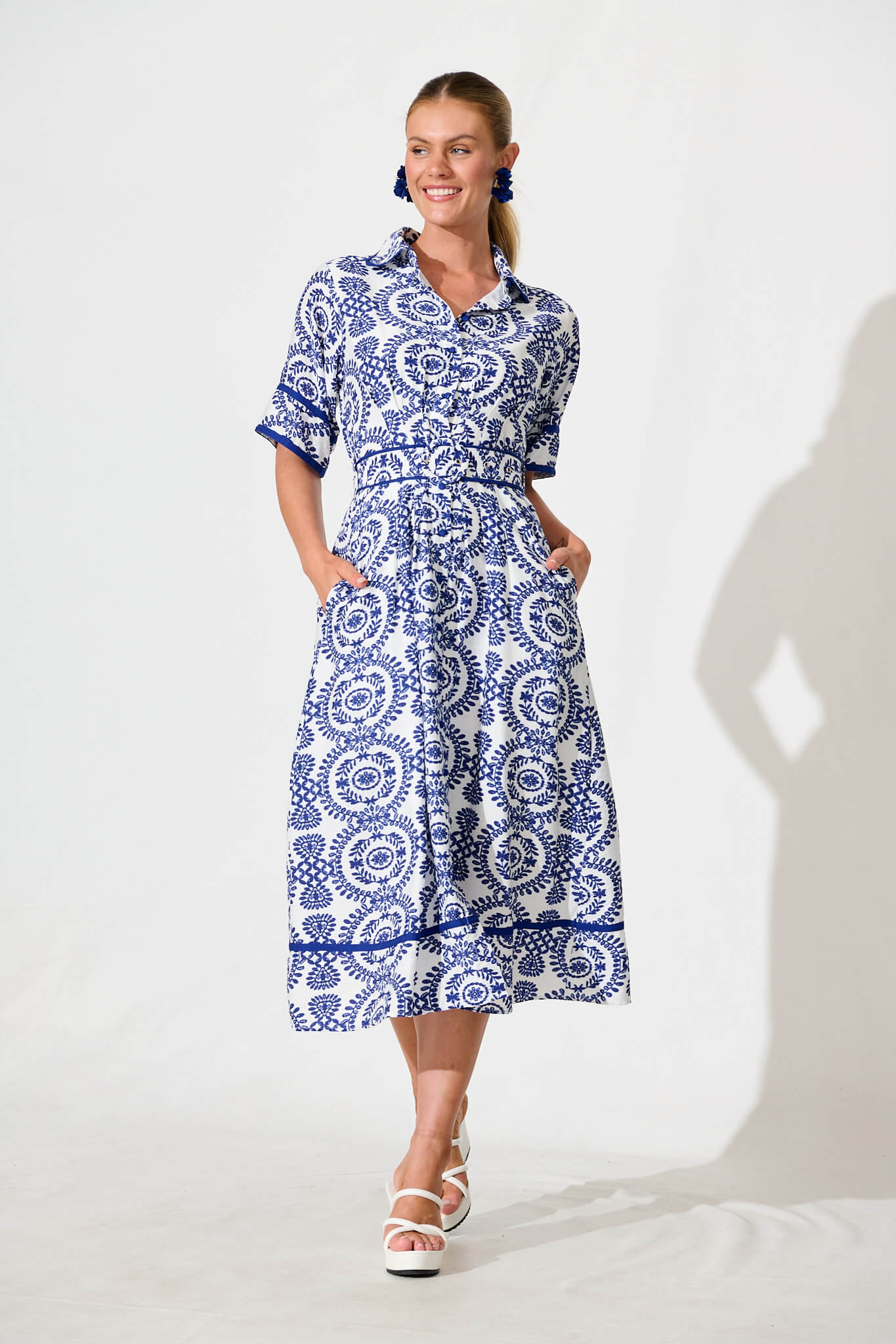 Rosella Midi Shirt Dress In White with Navy Floral Print