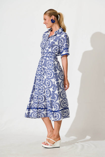 Rosella Midi Shirt Dress In White with Navy Floral Print