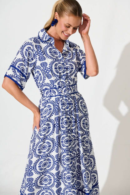 Rosella Midi Shirt Dress In White with Navy Floral Print