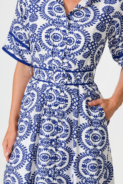 Rosella Midi Shirt Dress In White with Navy Floral Print