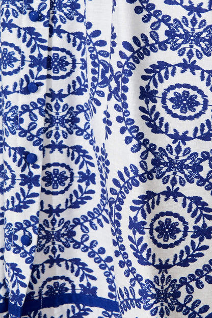 Rosella Midi Shirt Dress In White with Navy Floral Print