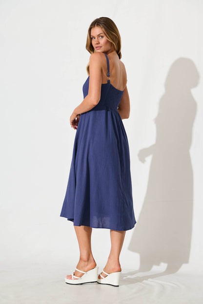 Shaima Midi Sundress In Navy Cotton