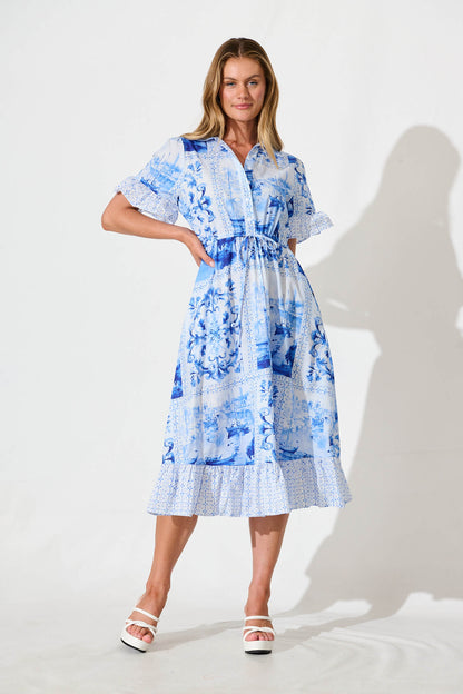 Aiken Midi Dress in Blue and White Patchwork Cotton