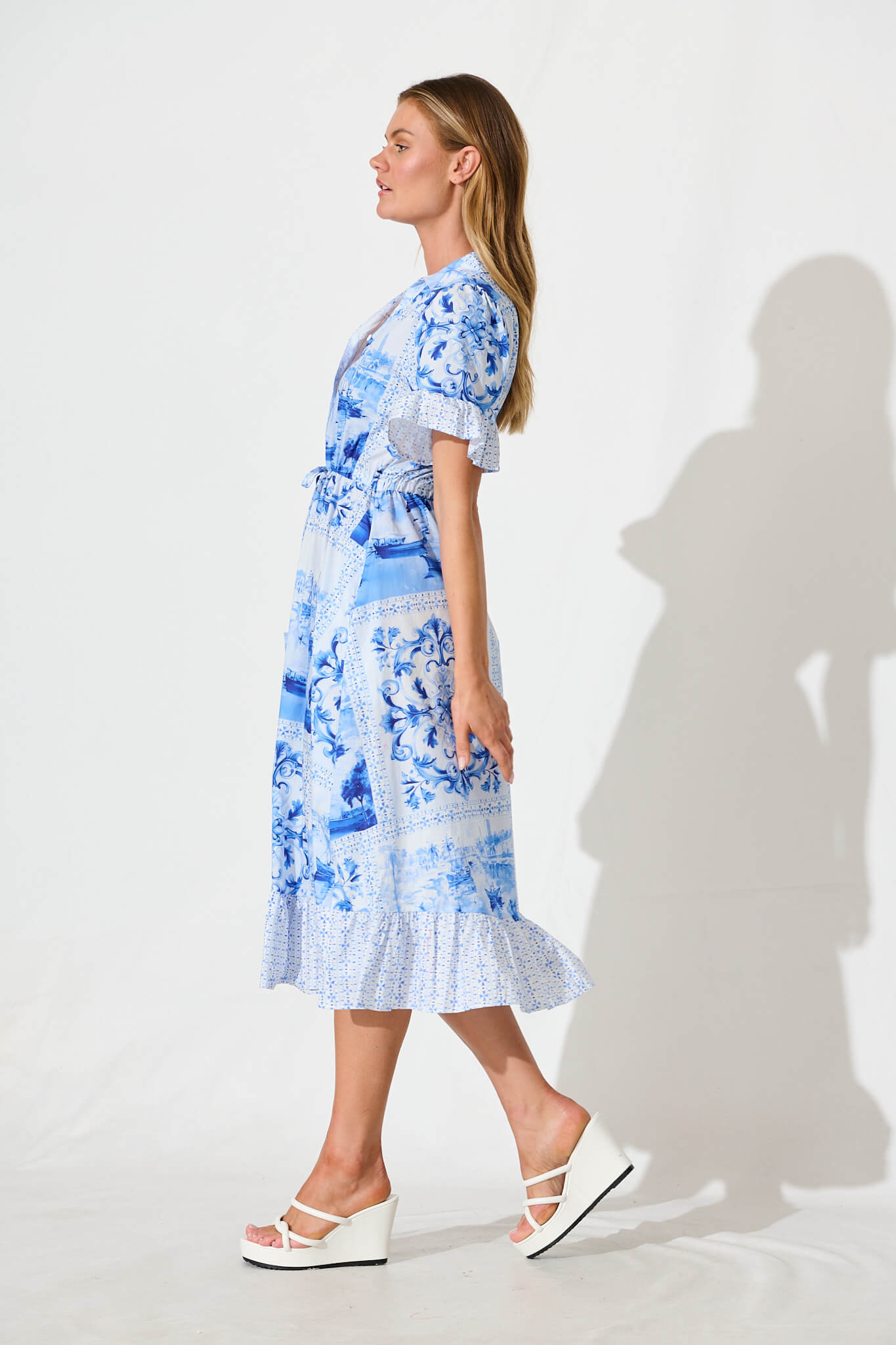 Aiken Midi Dress in Blue and White Patchwork Cotton