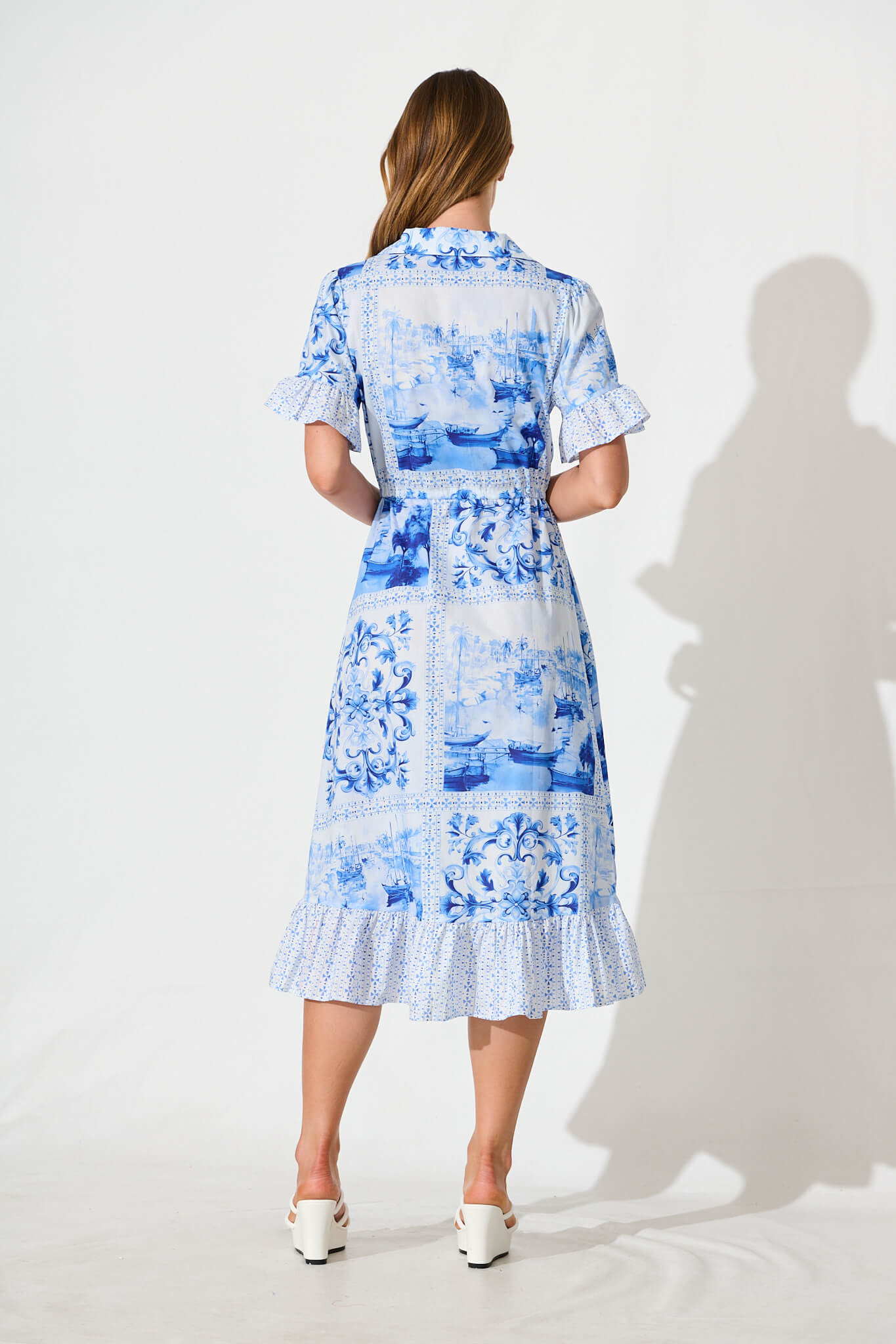 Aiken Midi Dress in Blue and White Patchwork Cotton