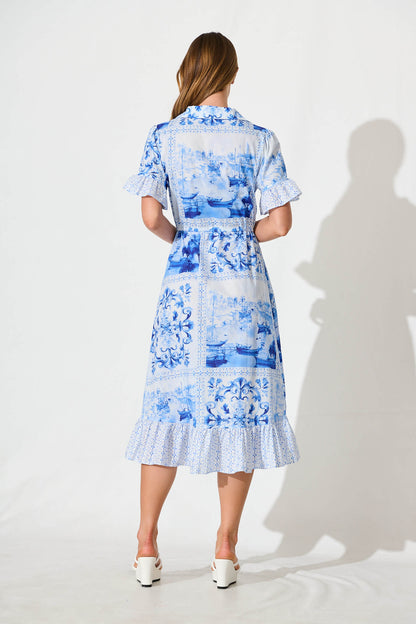 Aiken Midi Dress in Blue and White Patchwork Cotton