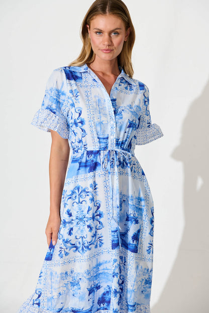 Aiken Midi Dress in Blue and White Patchwork Cotton