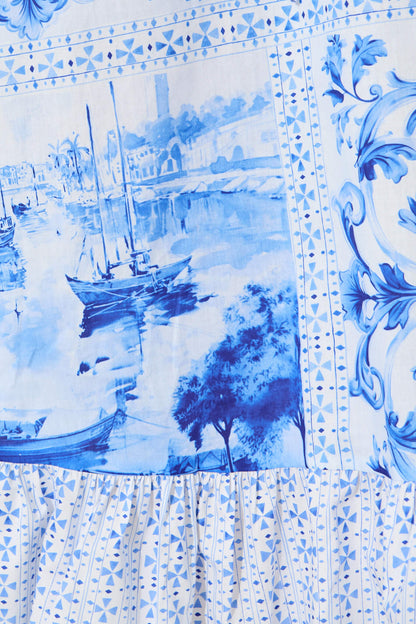 Aiken Midi Dress in Blue and White Patchwork Cotton