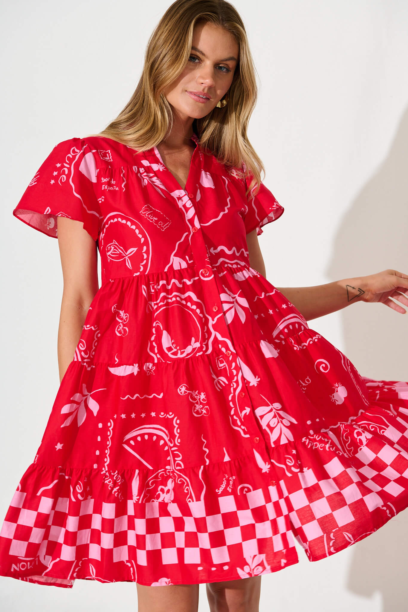 Saldana Smock in Red with Pink Border Print Cotton