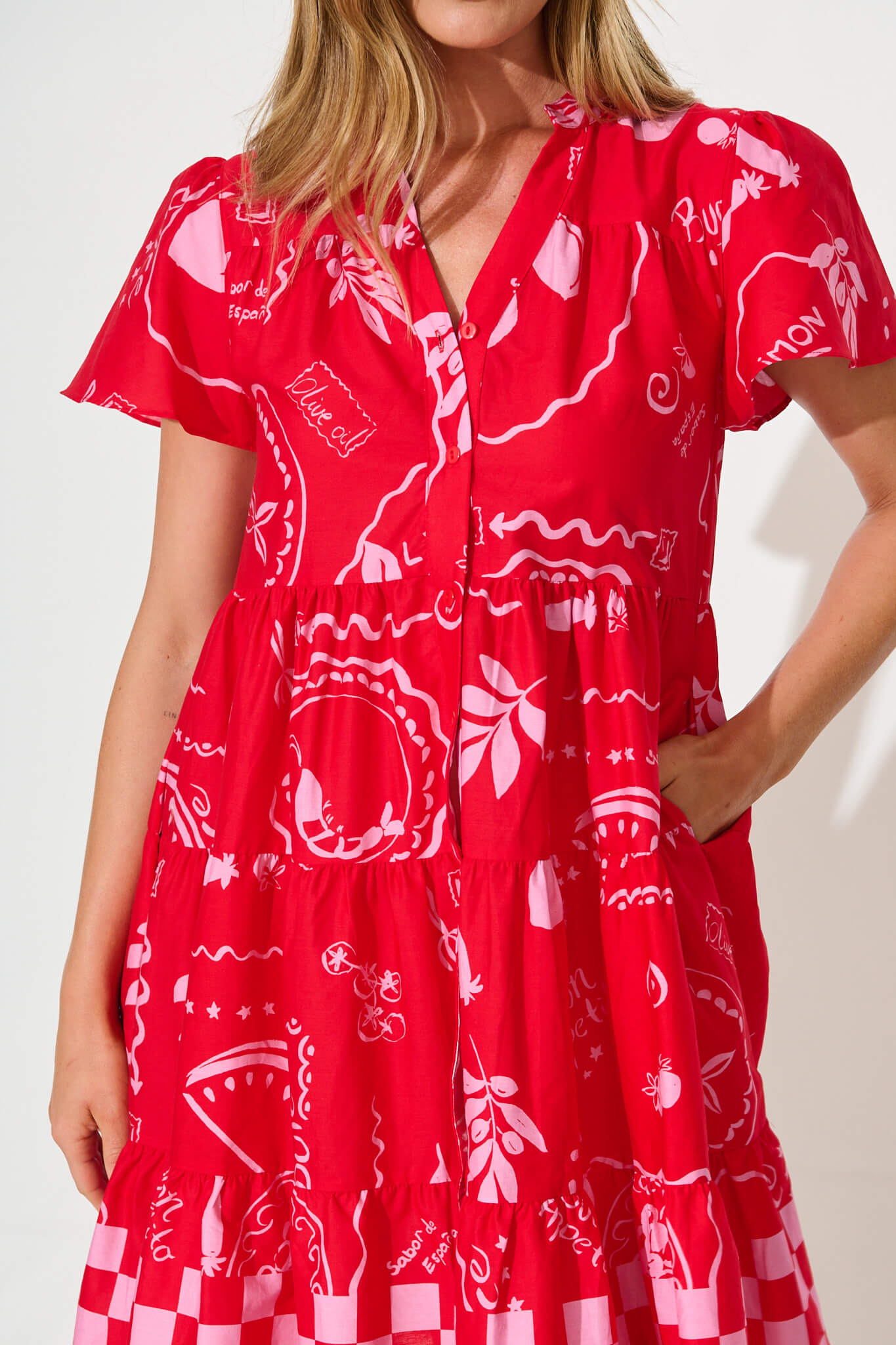 Saldana Smock in Red with Pink Border Print Cotton