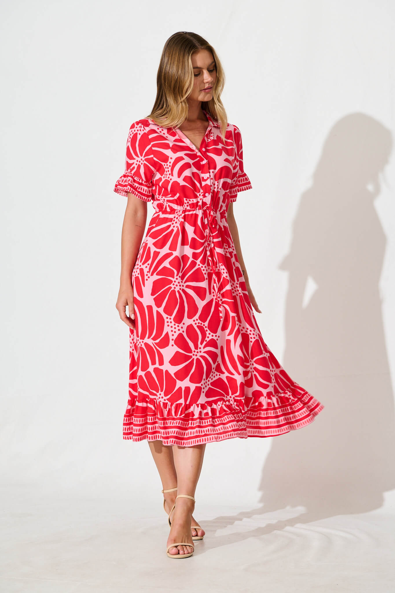 Aiken Midi Dress in Pink and Red Floral