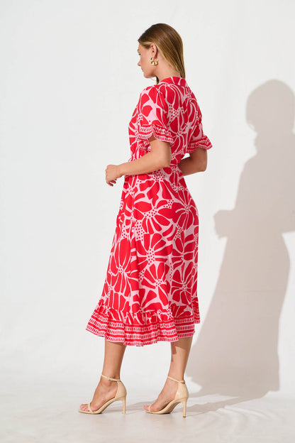 Aiken Midi Dress in Pink and Red Floral