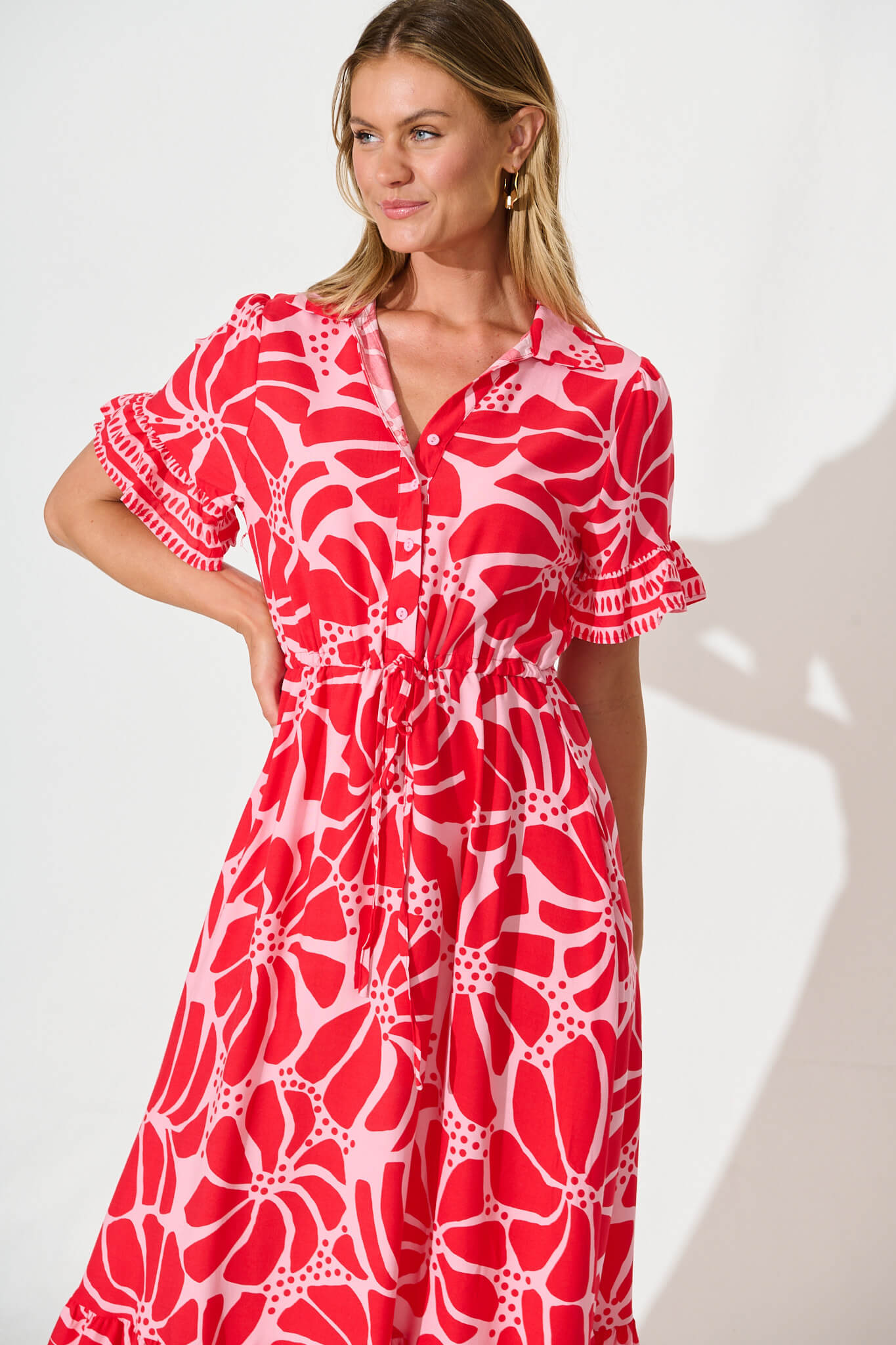 Aiken Midi Dress in Pink and Red Floral