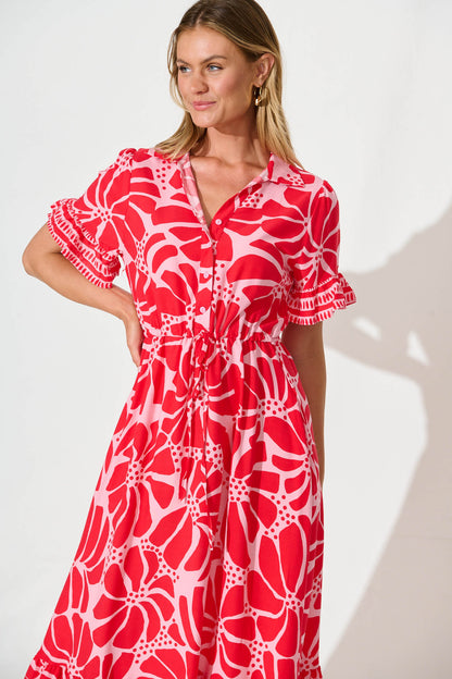 Aiken Midi Dress in Pink and Red Floral