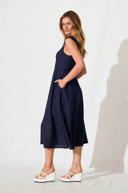 Nikolena Midi Dress in Navy Cotton Linen