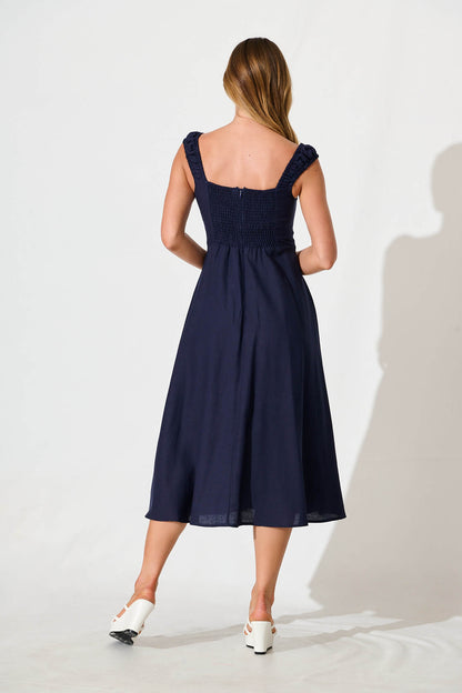 Nikolena Midi Dress in Navy Cotton Linen