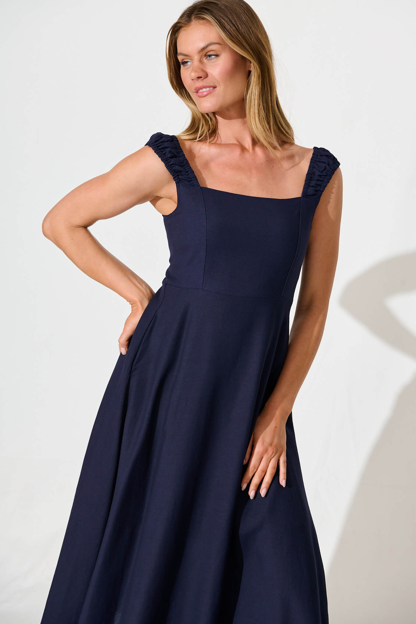 Nikolena Midi Dress in Navy Cotton Linen