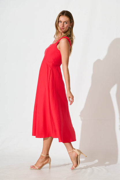 Nikolena Midi Dress in Red Cotton Linen