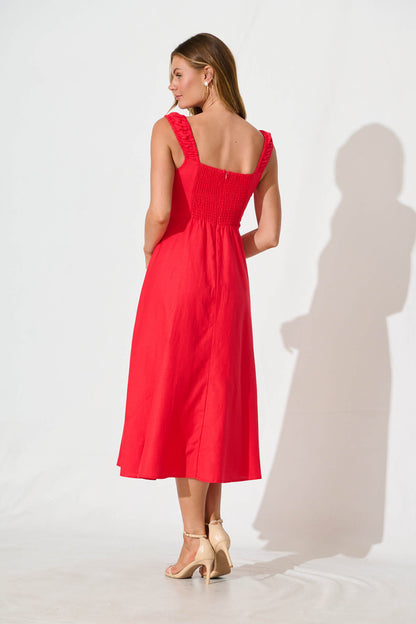 Nikolena Midi Dress in Red Cotton Linen