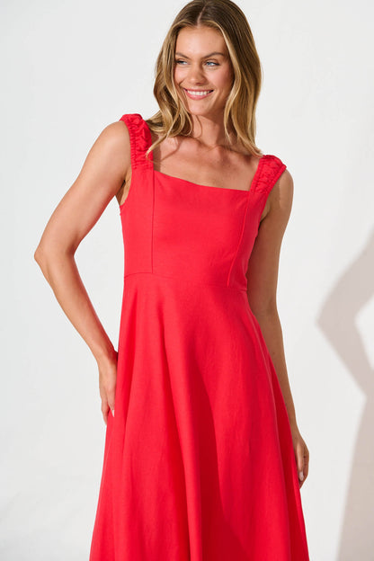 Nikolena Midi Dress in Red Cotton Linen
