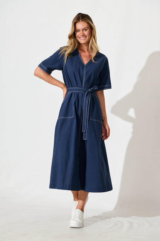 Rohini Midi Dress in Navy Cotton