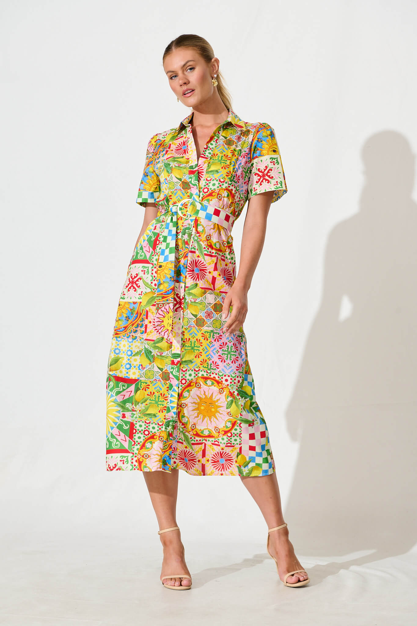 Figaro Midi Shirt Dress in Multi Patchwork Cotton