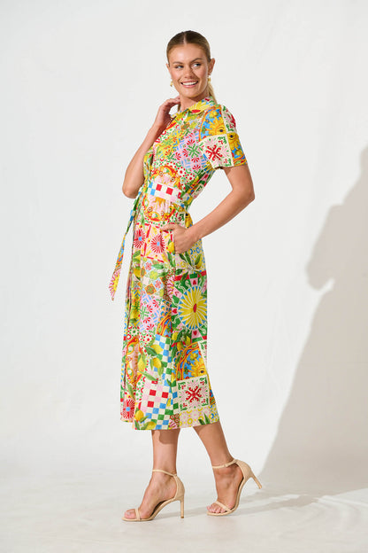 Figaro Midi Shirt Dress in Multi Patchwork Cotton
