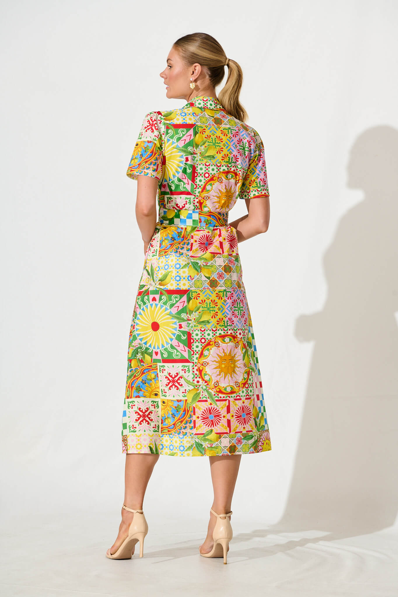 Figaro Midi Shirt Dress in Multi Patchwork Cotton